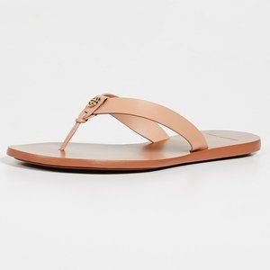 NIB Tory Burch Manon Logo Leather Thong Sandal Natural Vachetta US 9 AUTHENTIC